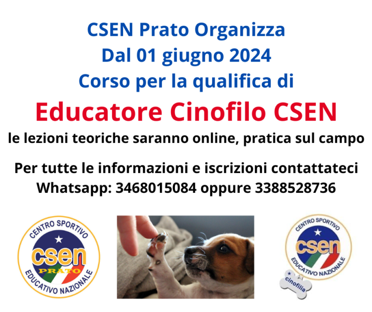 Corso per Educatore Cinofilo CSEN, a Prato dal 1° Giugno teoria online